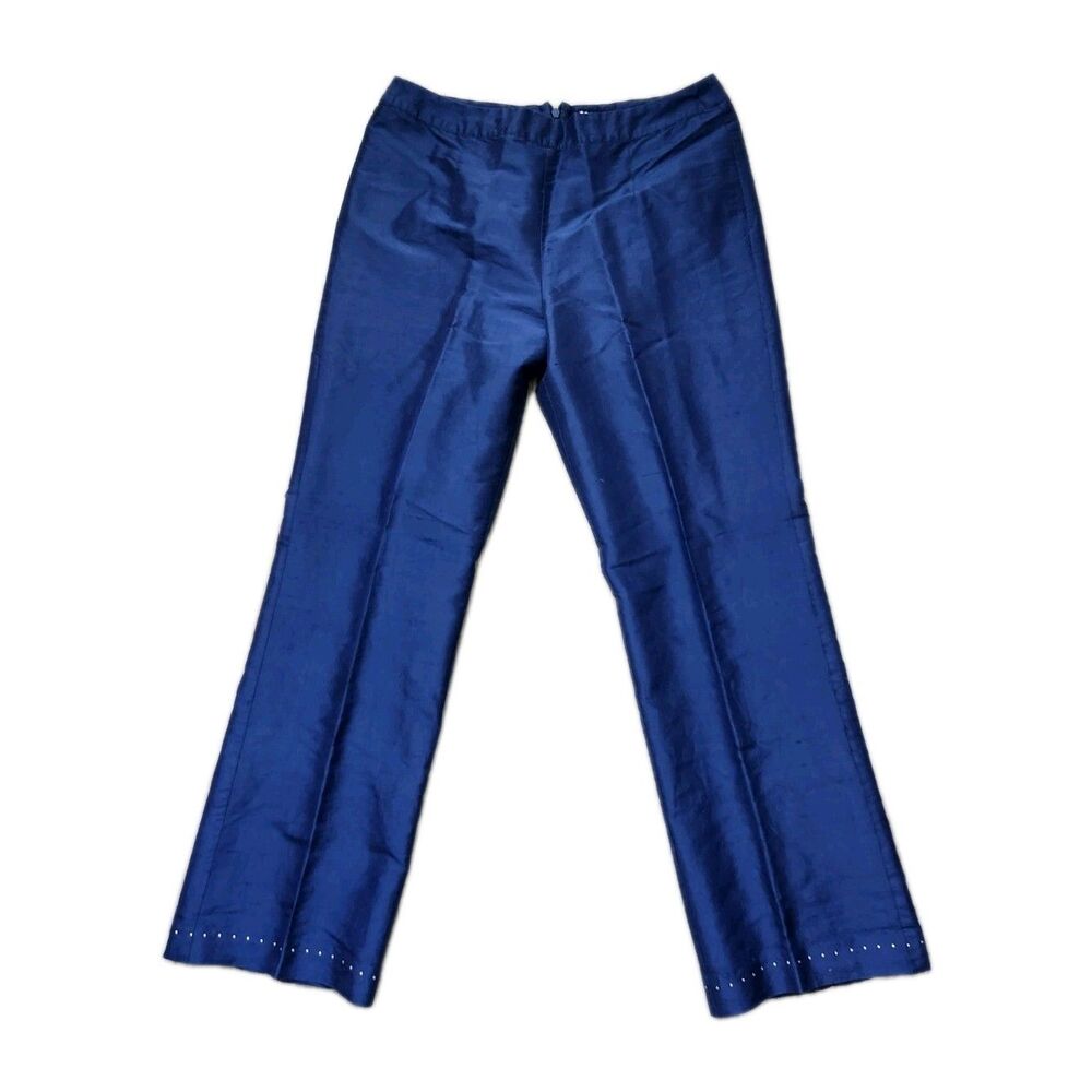 Mac & Jac 100% Silk Navy Blue Straight Leg Pants Studded Hem Hidden Zip Sz 6 GUC